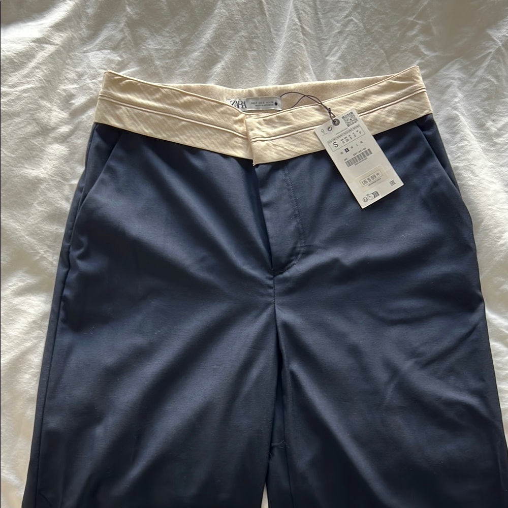 Zara Navy Fold Over High Waist Trousers